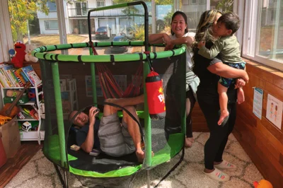 trying out the trampoline